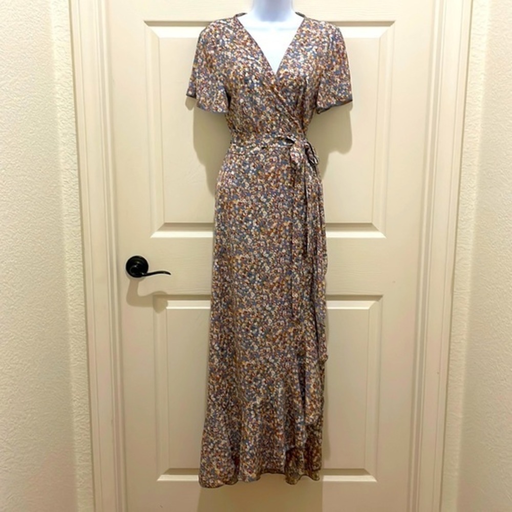 Simplee Blue Floral Wrap Ruffle Hem Maxi Dress